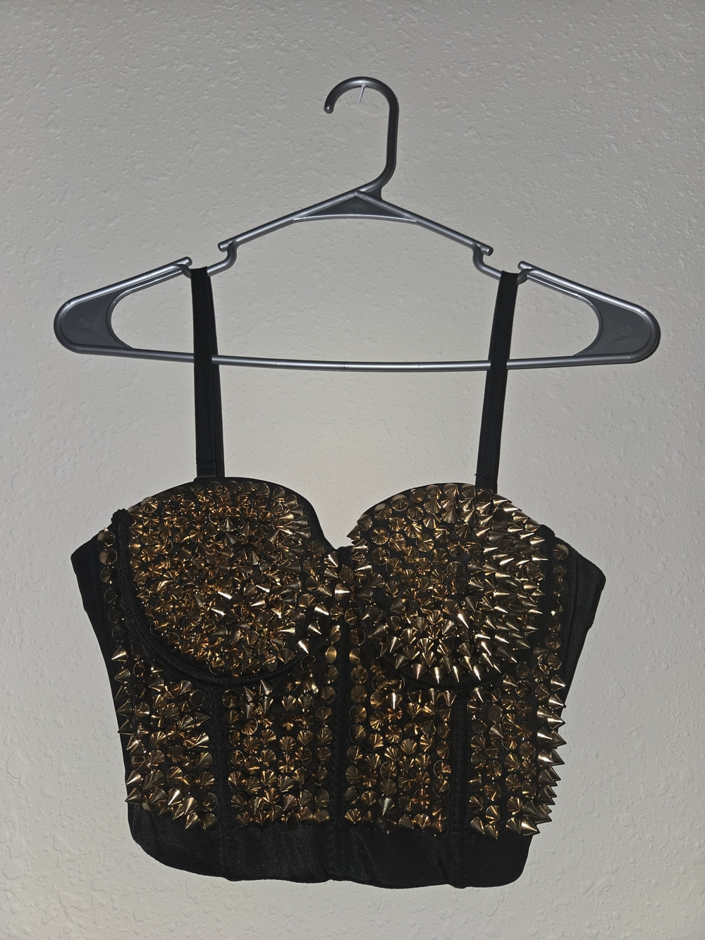 Black Plastic Spike Studded Bustier Crop Top - Gold Accents